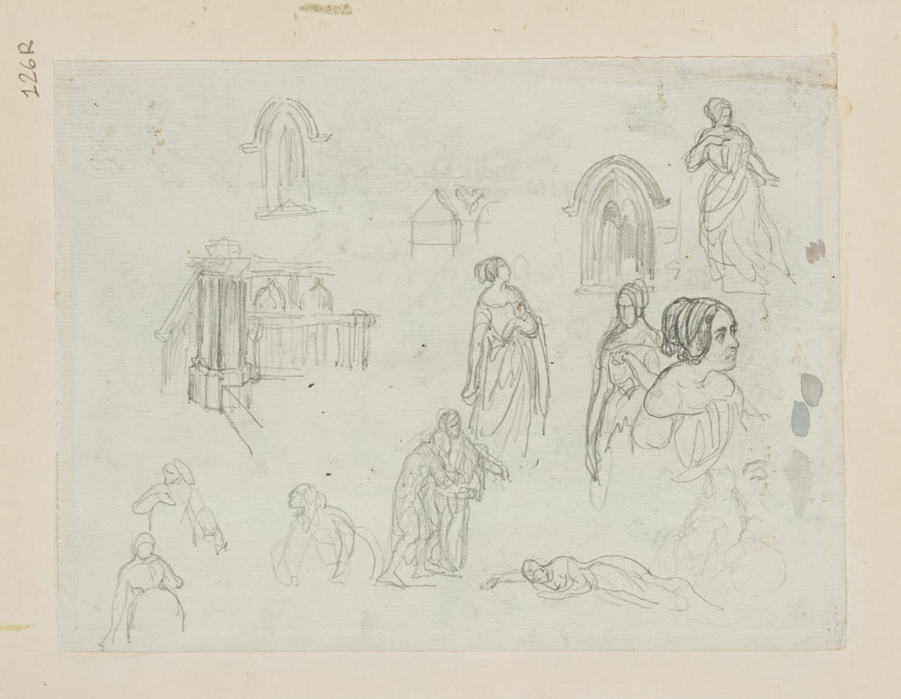 Particolari architettonici e schizzi di figure, Particolari architettonici e schizzi di figure (disegno) di Durini, Alessandro (sec. XIX)