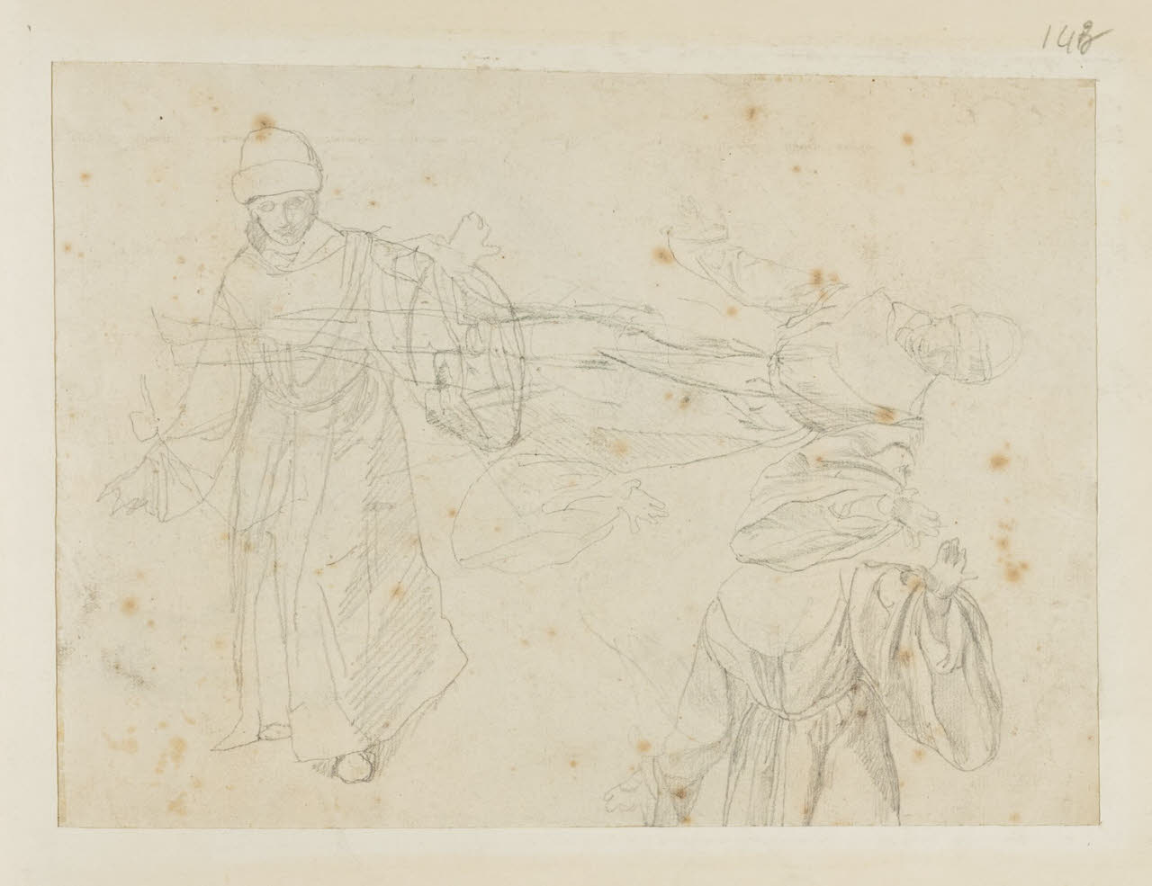 Studi di uomo con tunica e schizzi vari, Studi di uomo con tunica e schizzi vari (disegno) di Durini, Alessandro (sec. XIX)