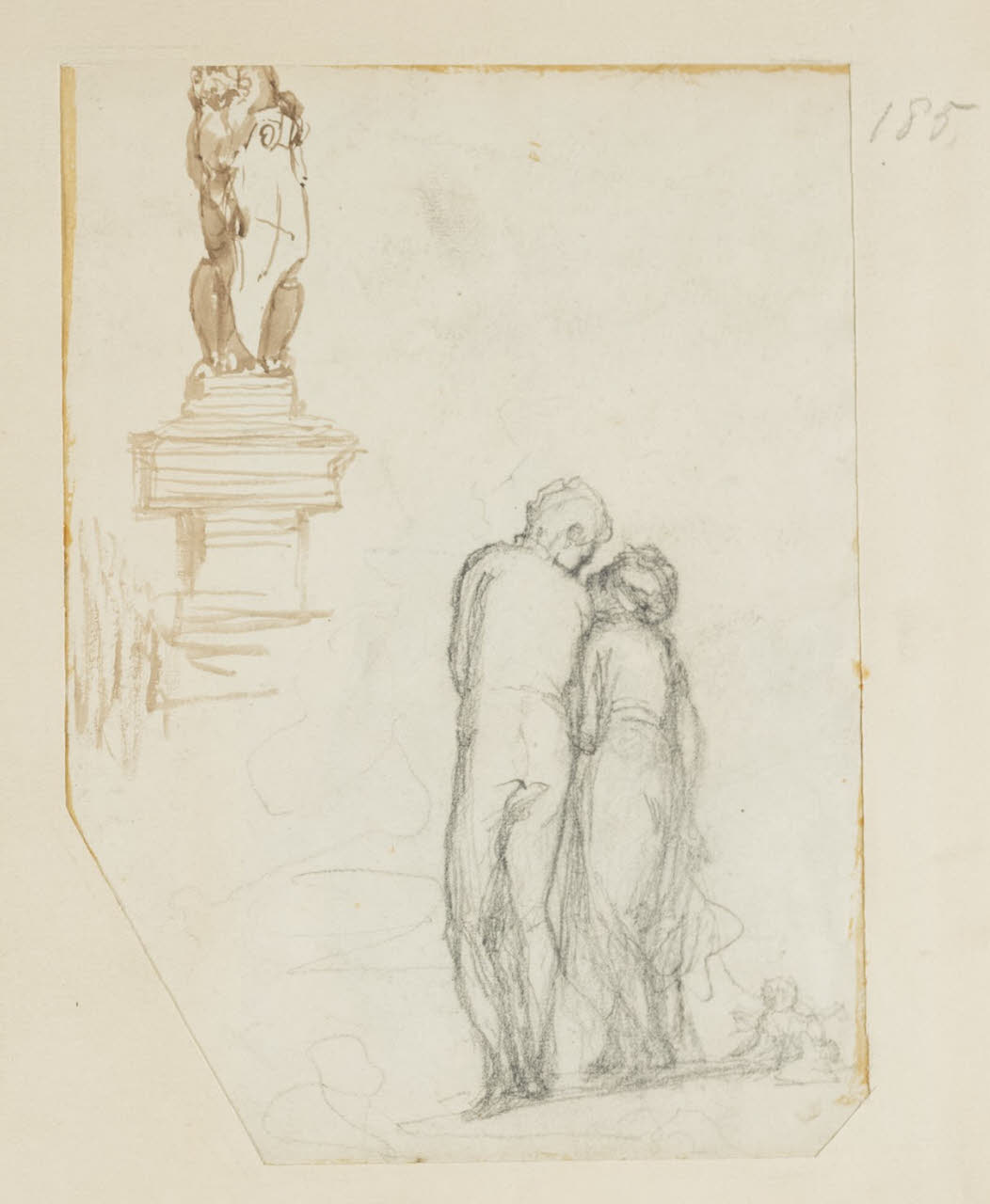 Coppia di spalle e particolare di monumento scultoreo, Coppia di spalle e particolare di monumento scultoreo (disegno) di Durini, Alessandro (sec. XIX)