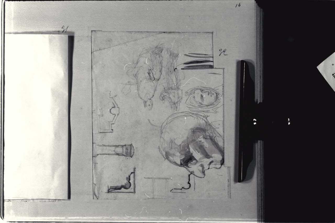 Due teste, motivi ornamentali e figure (disegno) di Durini, Alessandro (sec. XIX)