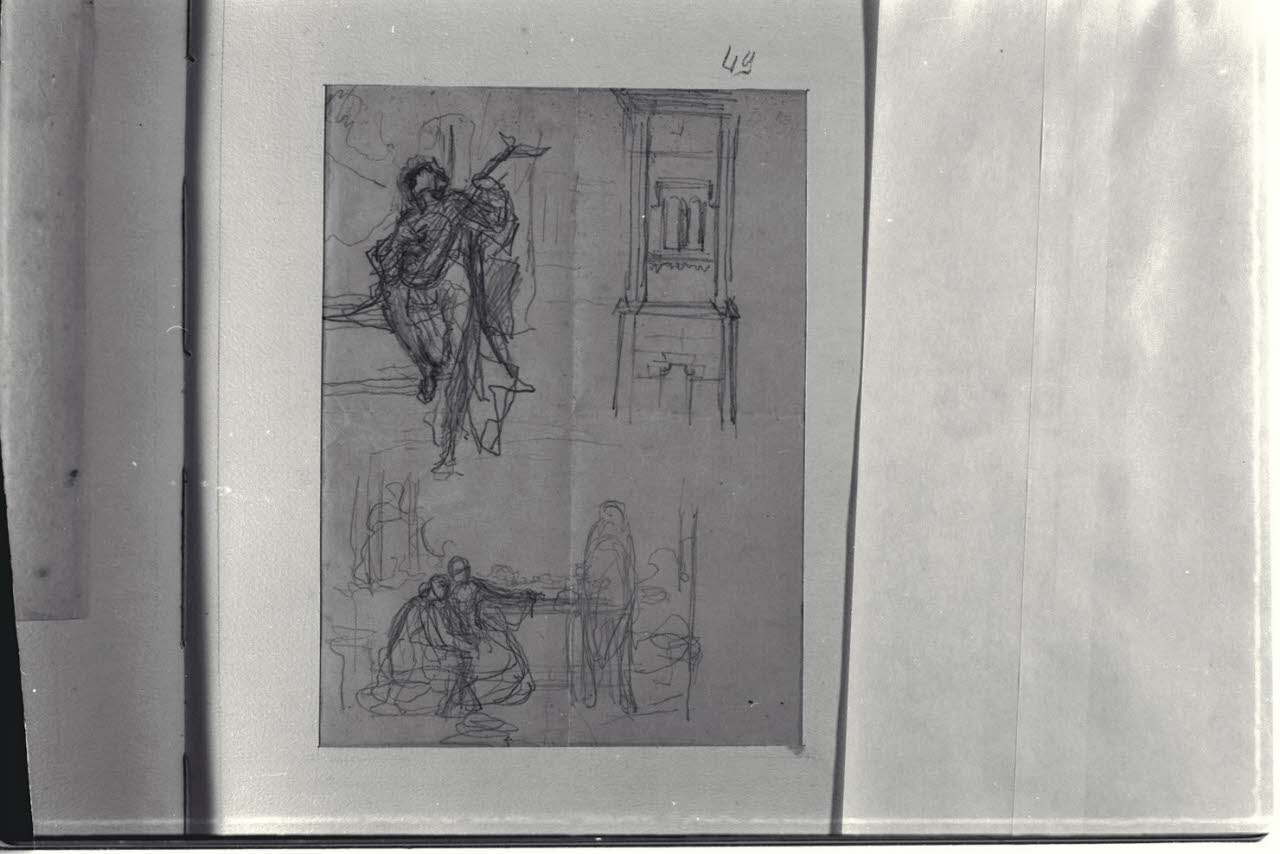 Studio per composizione, particolare architettonico e schizzi di figure (disegno) di Durini, Alessandro (sec. XIX)