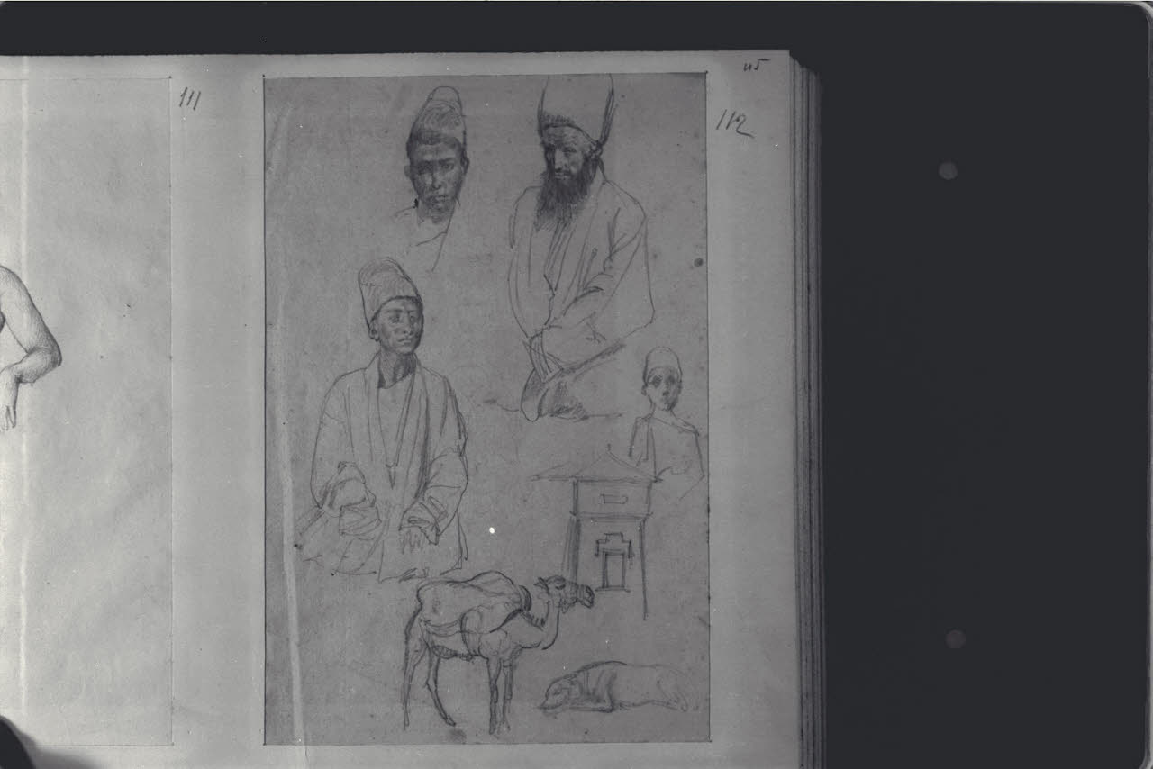 Studio di uomini mediorientali, di cammello, di cane accovacciato e di un edificio, Studio di uomini mediorientali, di cammello, di cane accovacciato e di un edificio (disegno) di Durini, Alessandro (sec. XIX)