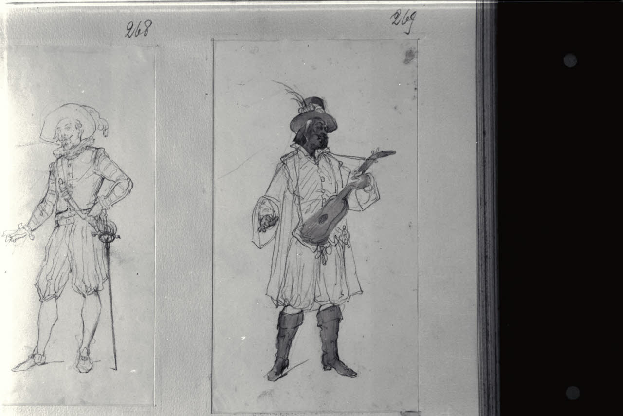 Uomo in costume con strumento musicale, Uomo in costume con strumento musicale (disegno) di Durini, Alessandro (sec. XIX)