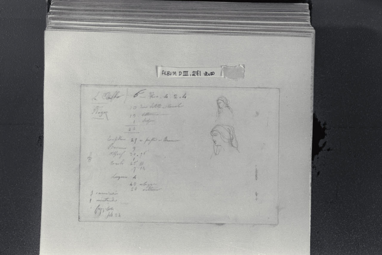 Schizzi di teste e calcoli matematici, Schizzi di teste e calcoli matematici (disegno) di Durini, Alessandro (sec. XIX)