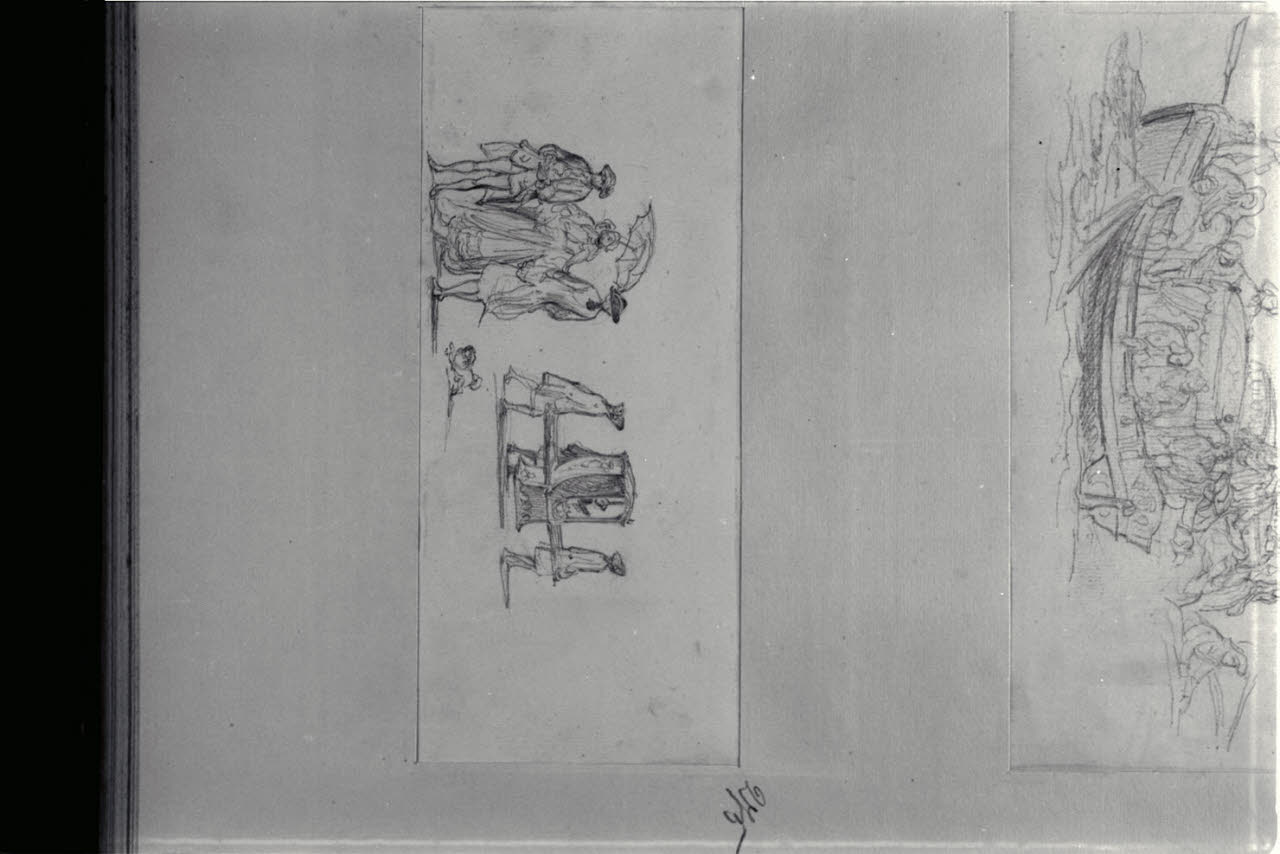 Dama e cavalieri e uomini con portantina, Dama e cavalieri e uomini con portantina (disegno) di Durini, Alessandro (sec. XIX)