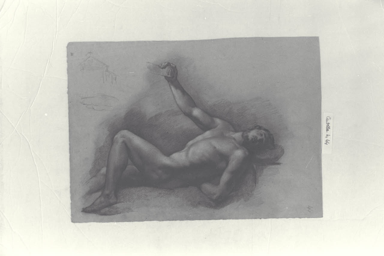 Nudo di accademia, schizzo di nudo e abbozzo di edificio (disegno) di Durini, Alessandro (secondo quarto sec. XIX)