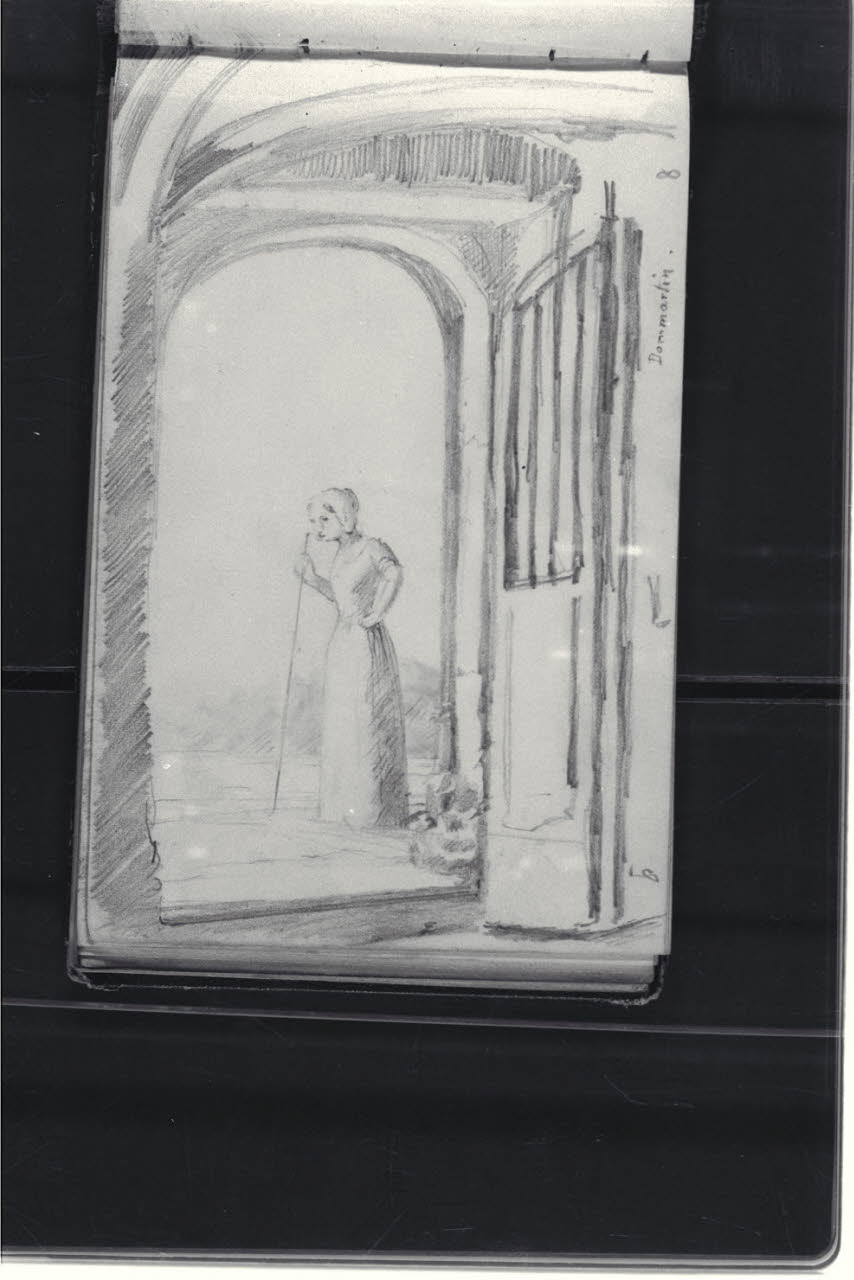 Figura femminile di pastorella su una soglia a Dommartin (disegno) di Durini, Antonio (ultimo quarto sec. XIX)