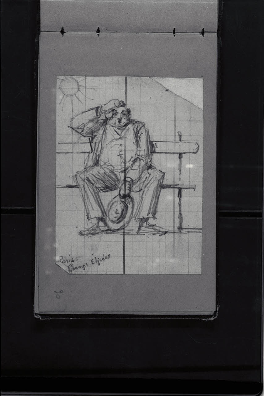 Uomo seduto con cappello in mano agli Champs Elysees a Parigi (disegno) di Durini, Antonio (ultimo quarto sec. XIX)