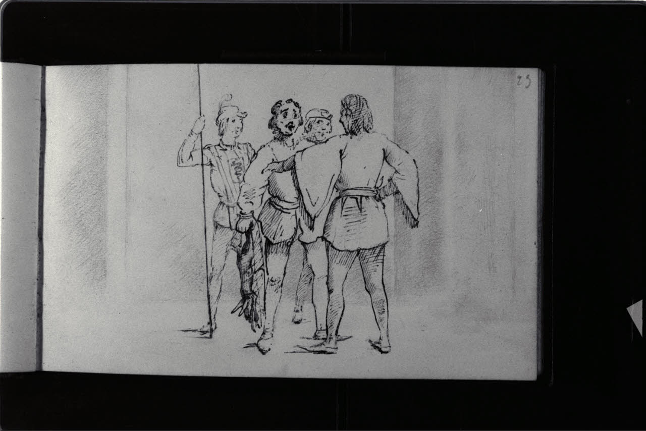 Scena storica in abiti quattrocenteschi (disegno) di Durini, Antonio (sec. XIX)