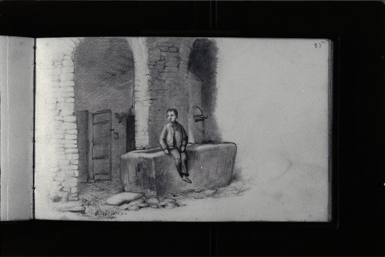 Giovinetto seduto su di una fontana (disegno) di Durini, Antonio (sec. XIX)