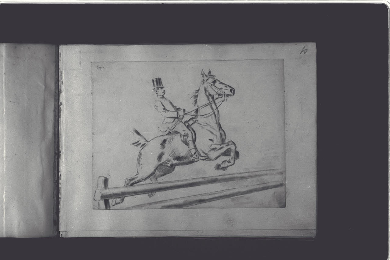 Uomo a cavallo che salta un ostacolo (disegno) di Durini, Antonio (ultimo quarto sec. XIX)
