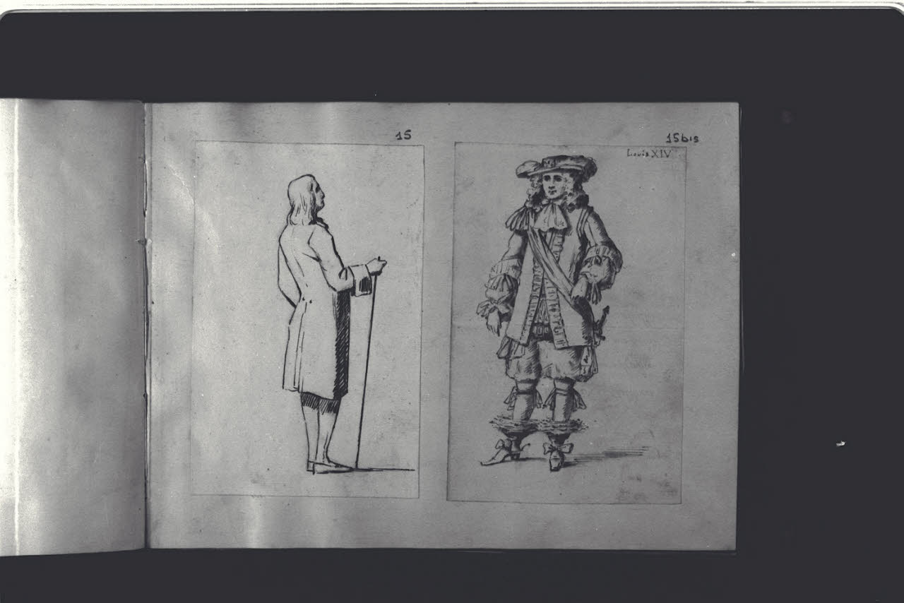 Uomo di spalle con bastone vestito alla foggia settecentesca (disegno) di Durini, Antonio (ultimo quarto sec. XIX)