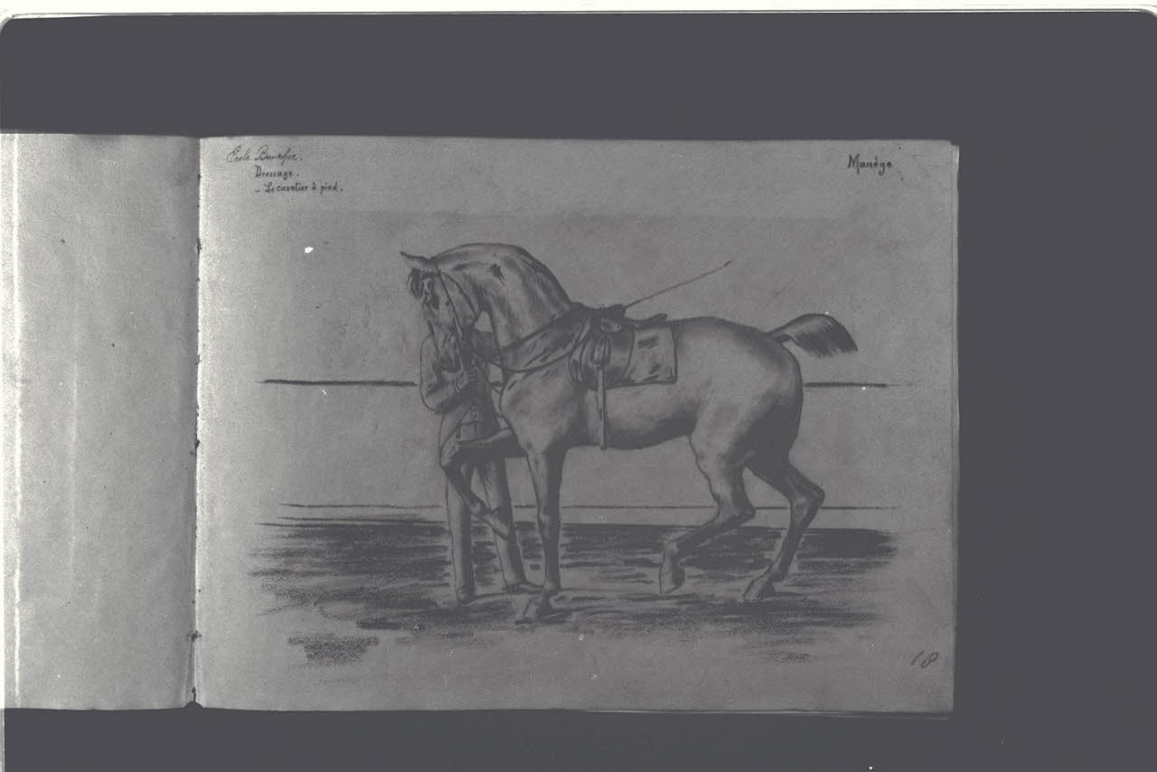 Uomo e cavallo (Ecole Baucher. Dressage. Le cavalier à pied. Manége) (disegno) di Durini, Antonio (ultimo quarto sec. XIX)