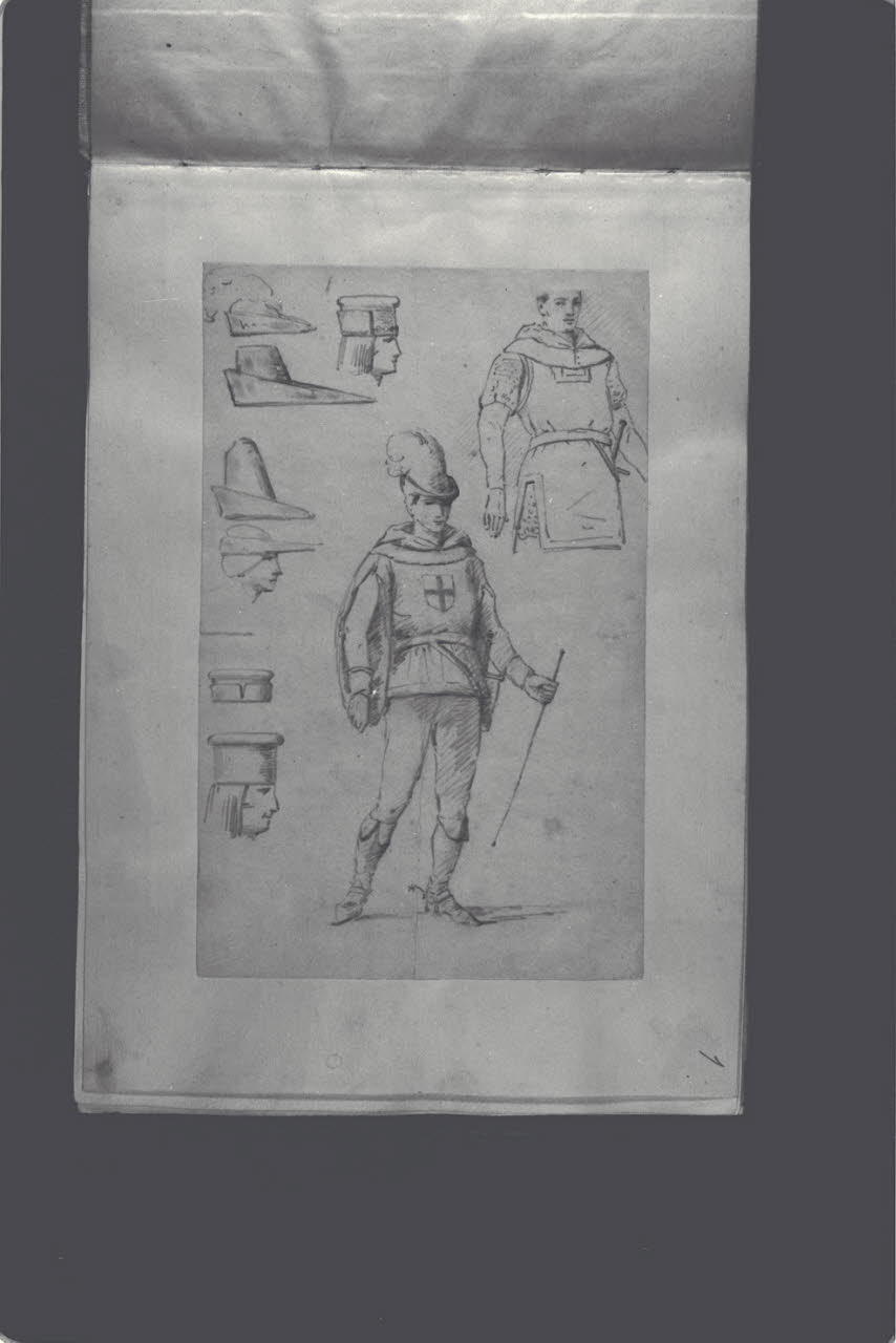 Studi per vesti e cappelli di soldati medievali (disegno) di Durini, Antonio (ultimo quarto sec. XIX)