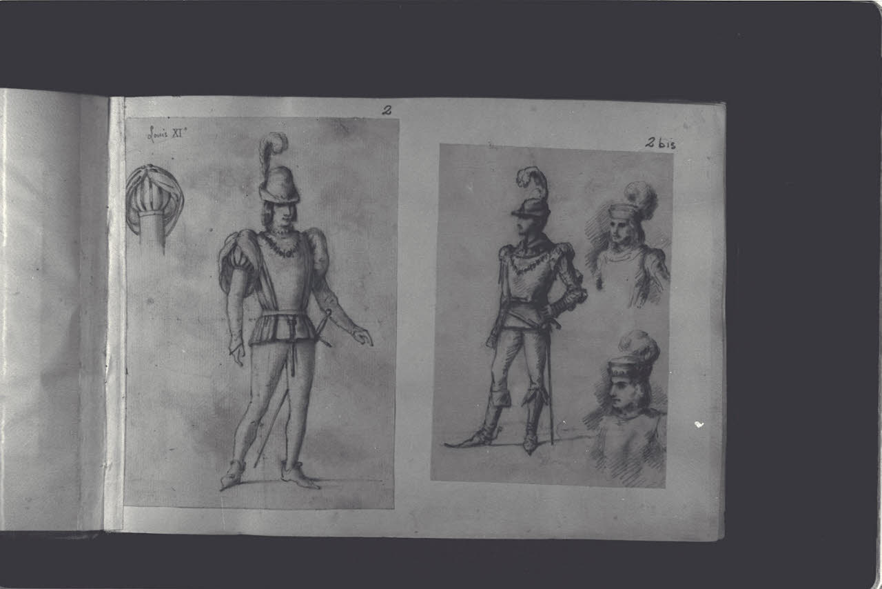 Luigi XI e particolare di manica a sbuffo (disegno) di Durini, Antonio (ultimo quarto sec. XIX)