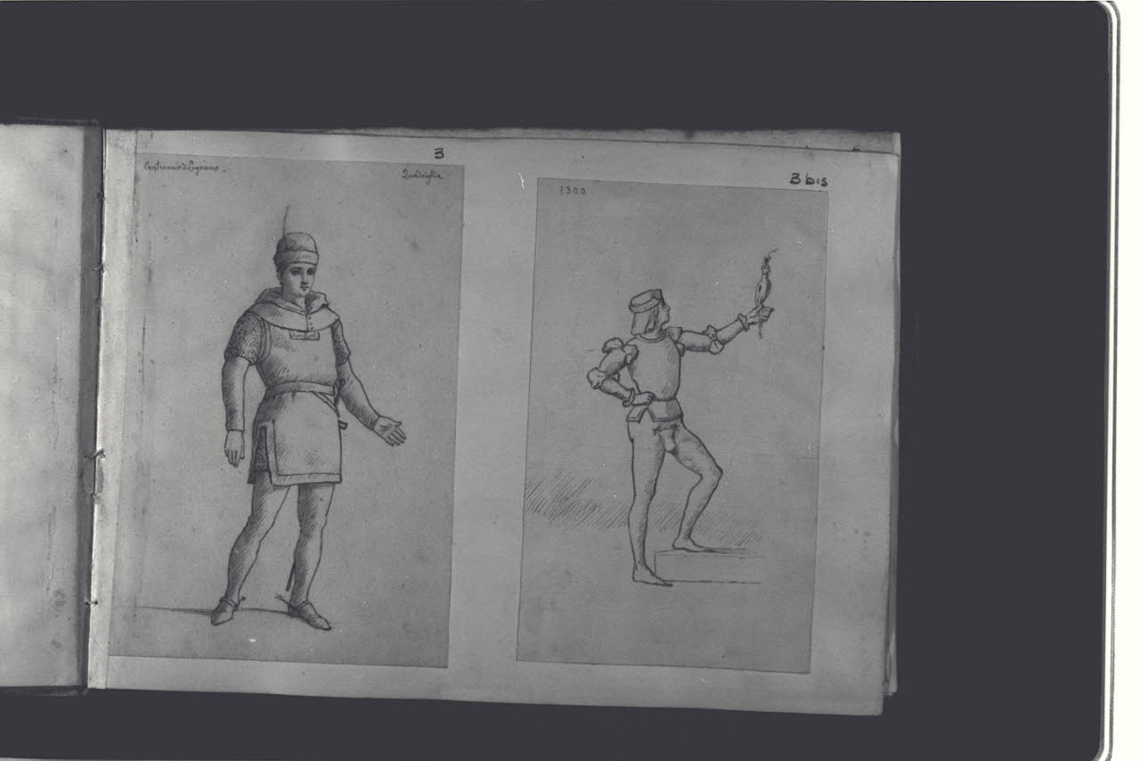 Studio per abito medievale del Trecento (disegno) di Durini, Antonio (ultimo quarto sec. XIX)