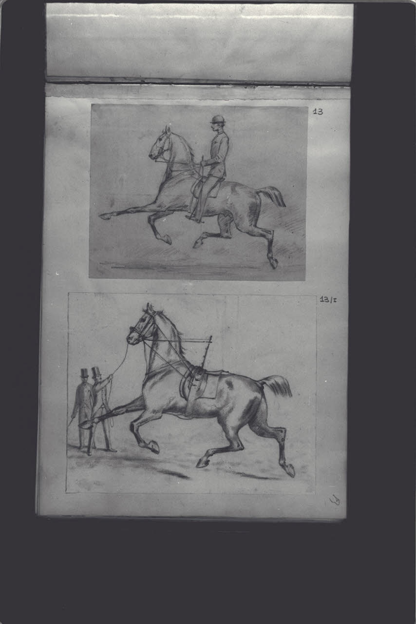 Cavallo al trotto e due uomini (disegno) di Durini, Antonio (ultimo quarto sec. XIX)