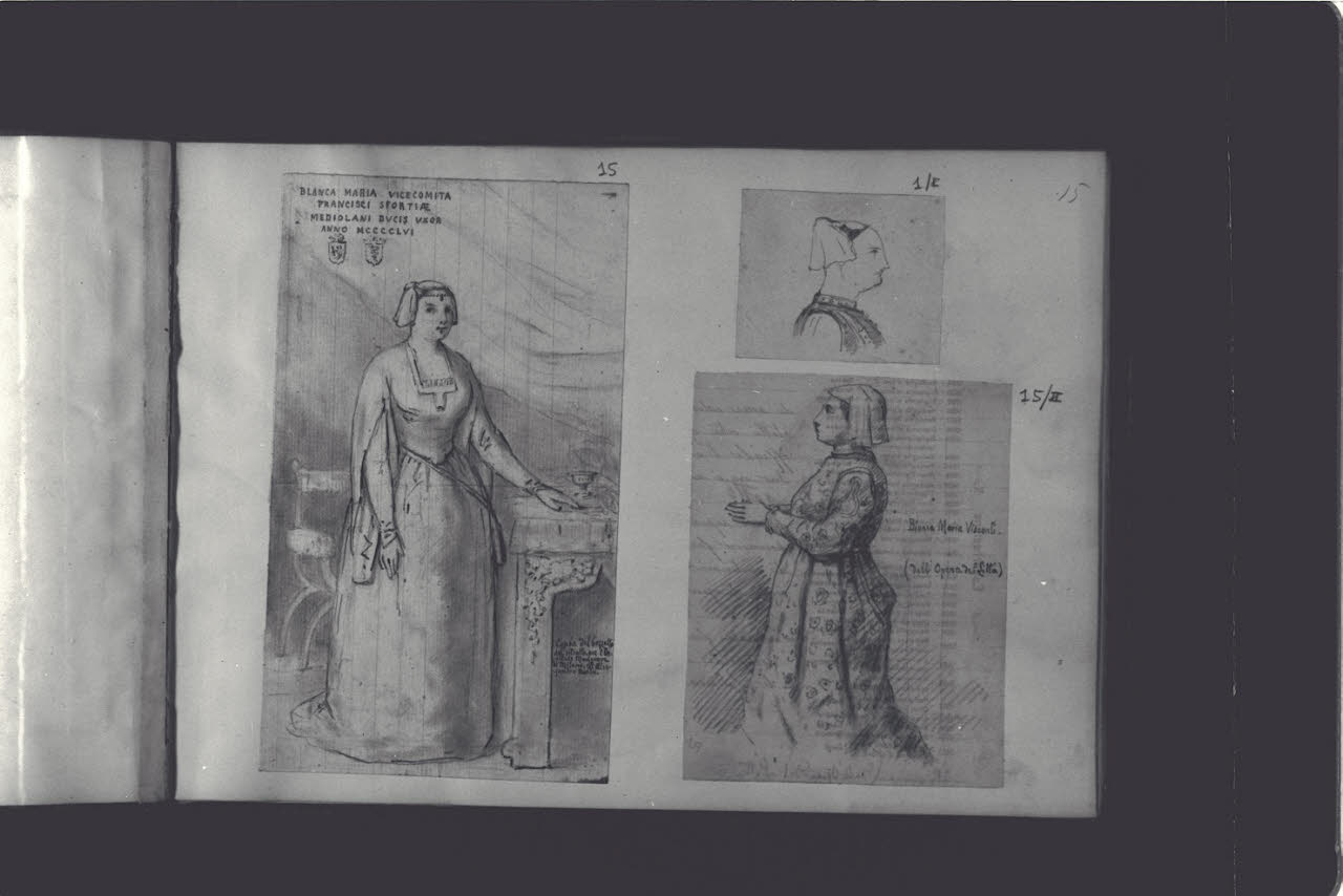 Ritratto di Bianca Maria Visconti di profilo e inginocchiata dall'opera del Litta (disegno) di Durini, Antonio (ultimo quarto sec. XIX)