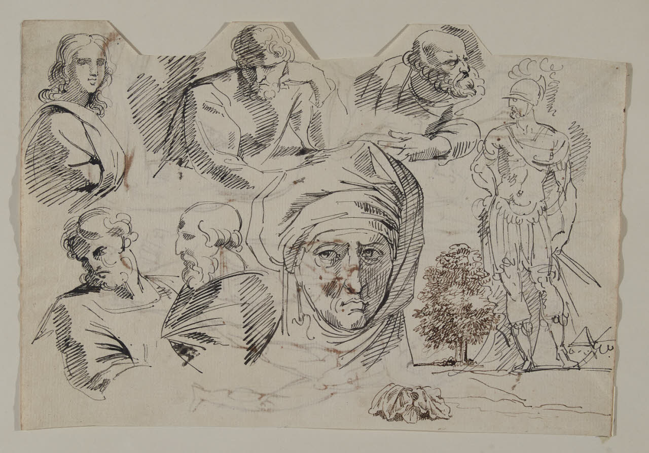 Schizzi di figure maschili a mezzo busto, di un guerriero e di un albero (disegno) di Sabatelli, Luigi; Sanzio, Raffaello (; copia da) (prima metà sec. XIX)