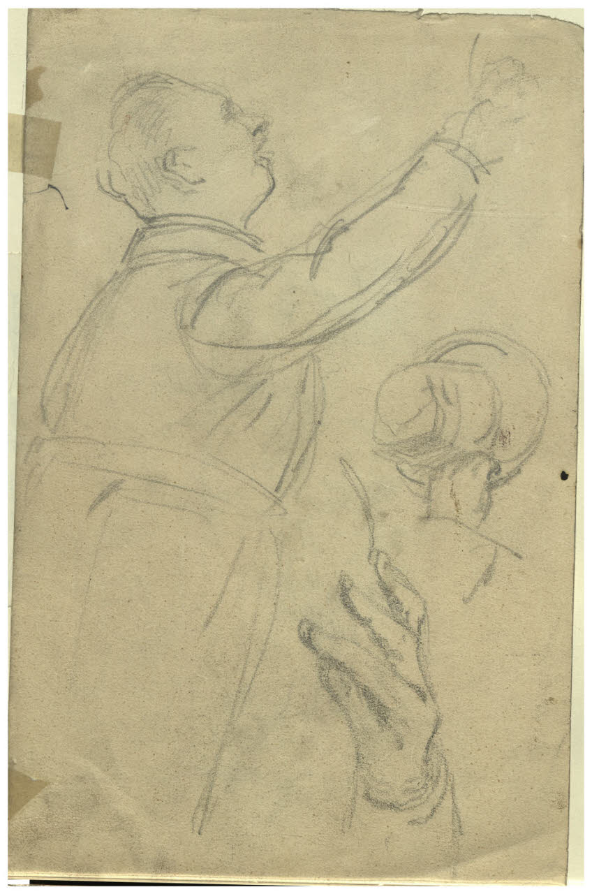 Studio per quadro Il Bollettino della Vittoria, Studio d'uomo che saluta, di mani e di testa con cappello vista di spalle (disegno) di Cagnoni, Amero (secc. XIX/ XX)