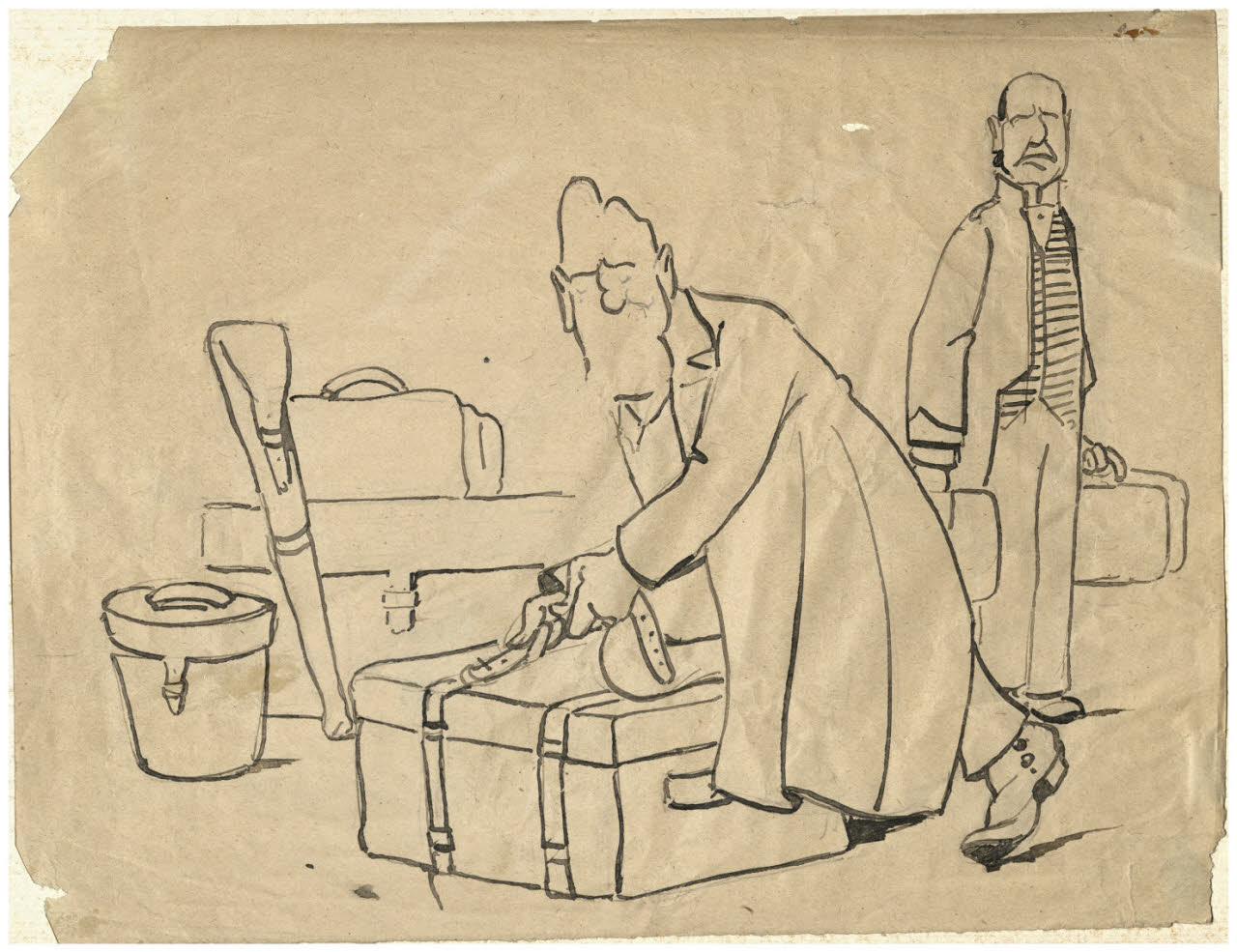 Scena satirica : due uomini con valigie, Scena satirica : due uomini con valigie (disegno) di Cagnoni, Amero (secc. XIX/ XX)