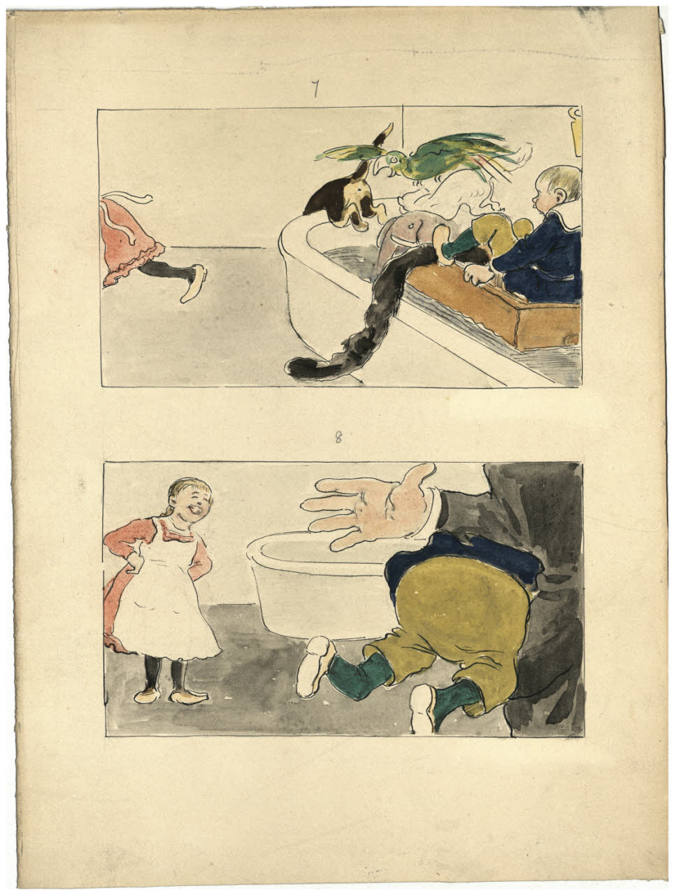 Due illustrazioni : ragazzo nella vasca da bagno e ragazza che corre ; la punizione, Due illustrazioni : ragazzo nella vasca da bagno e ragazza che corre ; la punizione (disegno) di Cagnoni, Amero (secc. XIX/ XX)