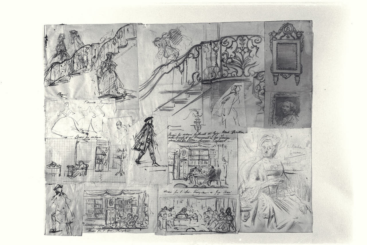 Due figure che scendono la scala ("Studi pei disegni pubblicati da Gigi Rasi direttore della scuola di... di Firenze. Opera del fu pittore Amero Cagnoni", vedi nota a penna della vedova sull'insieme dei disegni), Due figure che scendono la scala ("Studi pei disegni pubblicati da Gigi Rasi direttore della scuola di... di Firenze. Opera del fu pittore Amero Cagnoni", vedi nota a penna della vedova sull'insieme dei disegni) (disegno) di Cagnoni, Amero (secc. XIX/ XX)