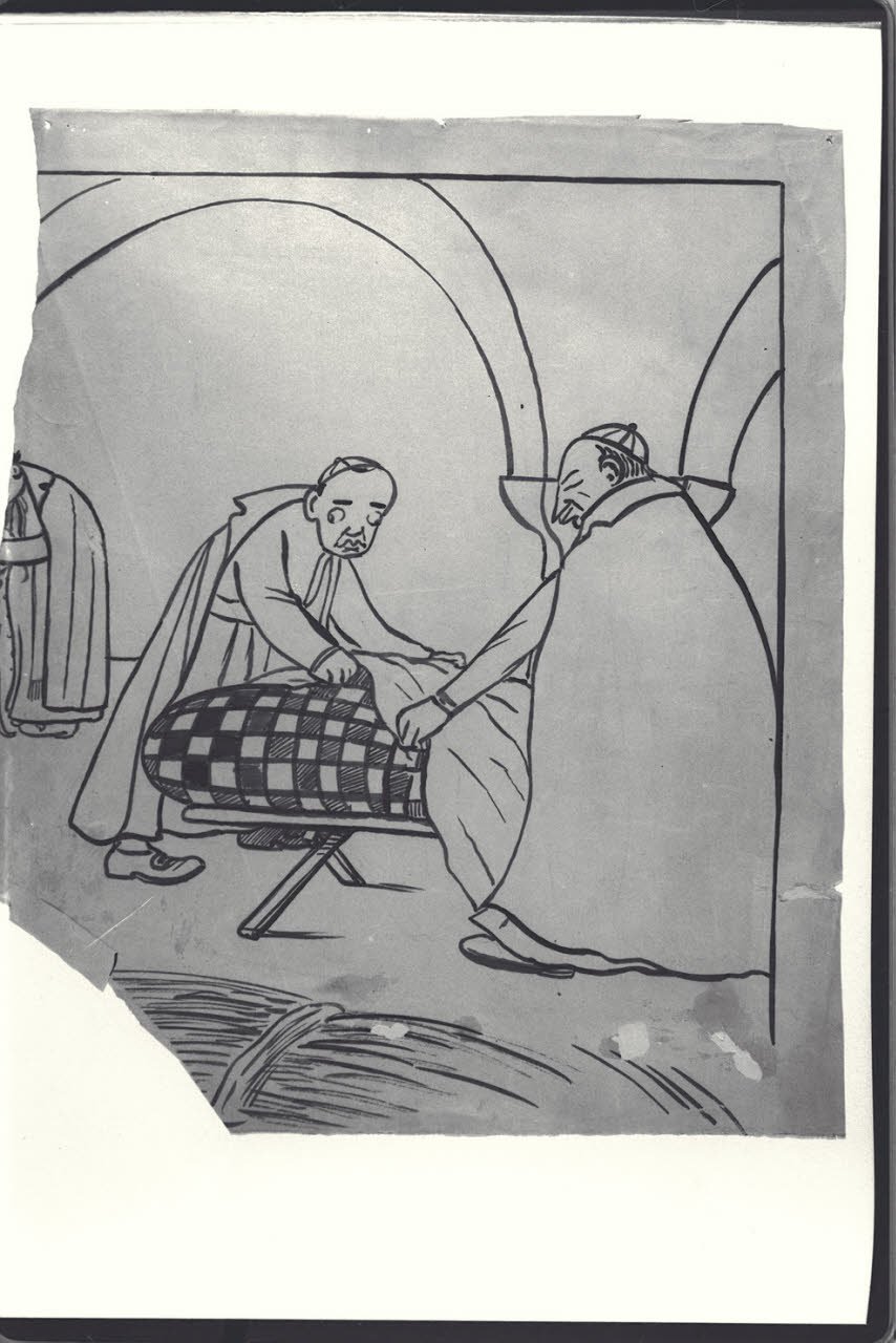 Scena satirica : due preti che fanno un letto, Scena satirica : due preti che fanno un letto (disegno) di Cagnoni, Amero (secc. XIX/ XX)