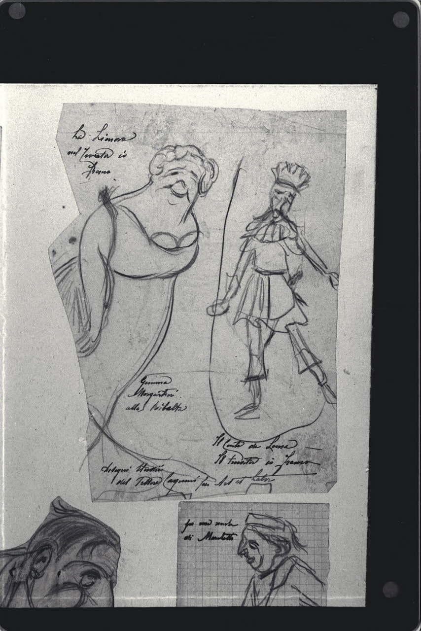 Due caricature, l'una femminile e l'altra maschile in costume, Due caricature, l'una femminile e l'altra maschile in costume (disegno) di Cagnoni, Amero (secc. XIX/ XX)