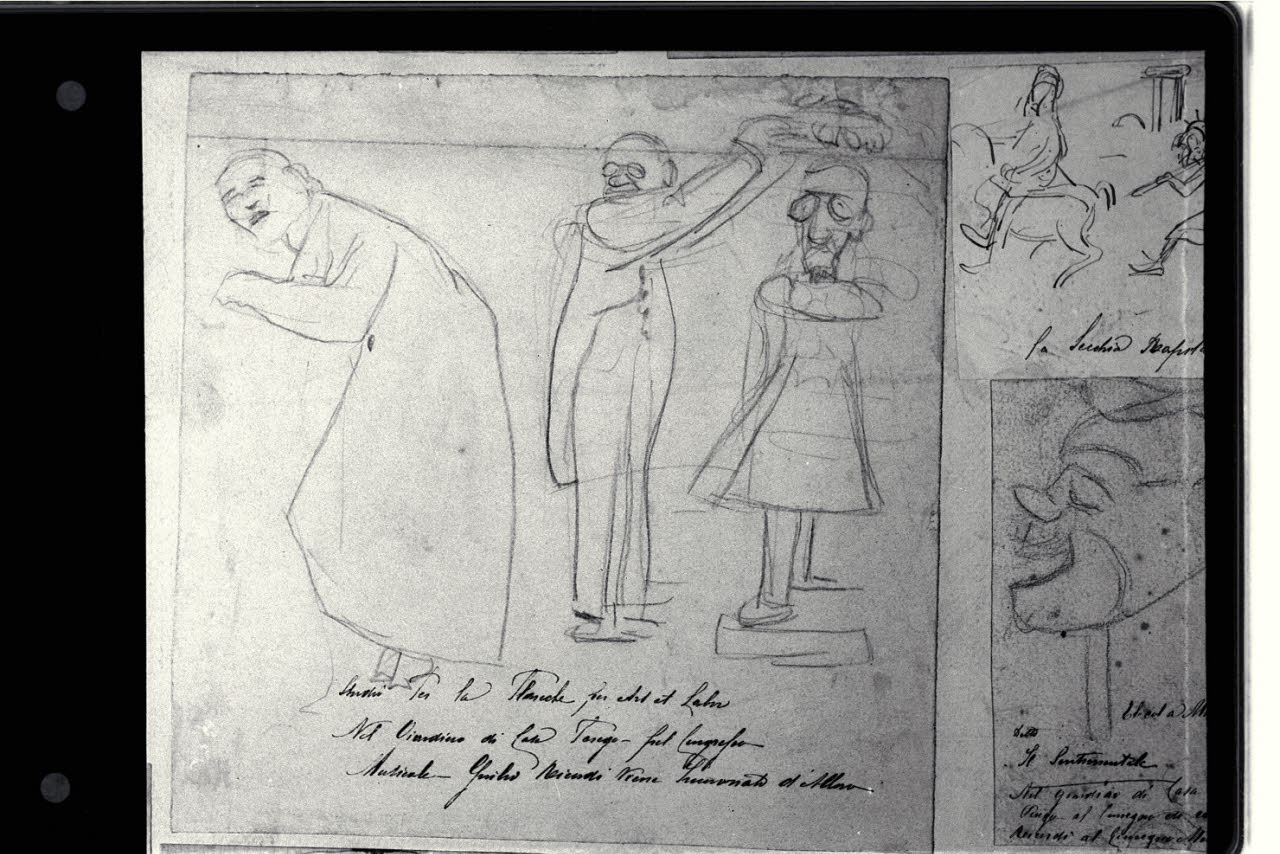 Caricatura di tre figurette maschili, Caricatura di tre figurette maschili (disegno) di Cagnoni, Amero (secc. XIX/ XX)