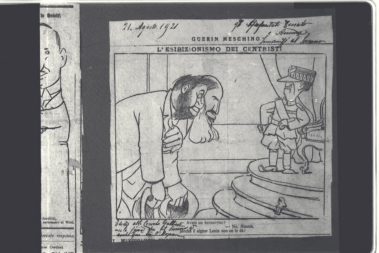 Scena satirica : "L'esibizionismo dei centristi", Scena satirica : "L'esibizionismo dei centristi" (disegno) di Cagnoni, Amero (secc. XIX/ XX)