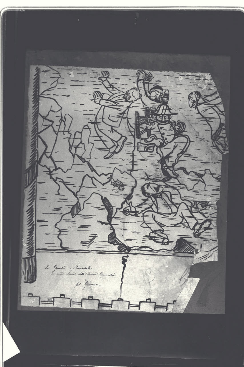 Scena satirica : uomini che cadono, Scena satirica : uomini che cadono (disegno) di Cagnoni, Amero (secc. XIX/ XX)