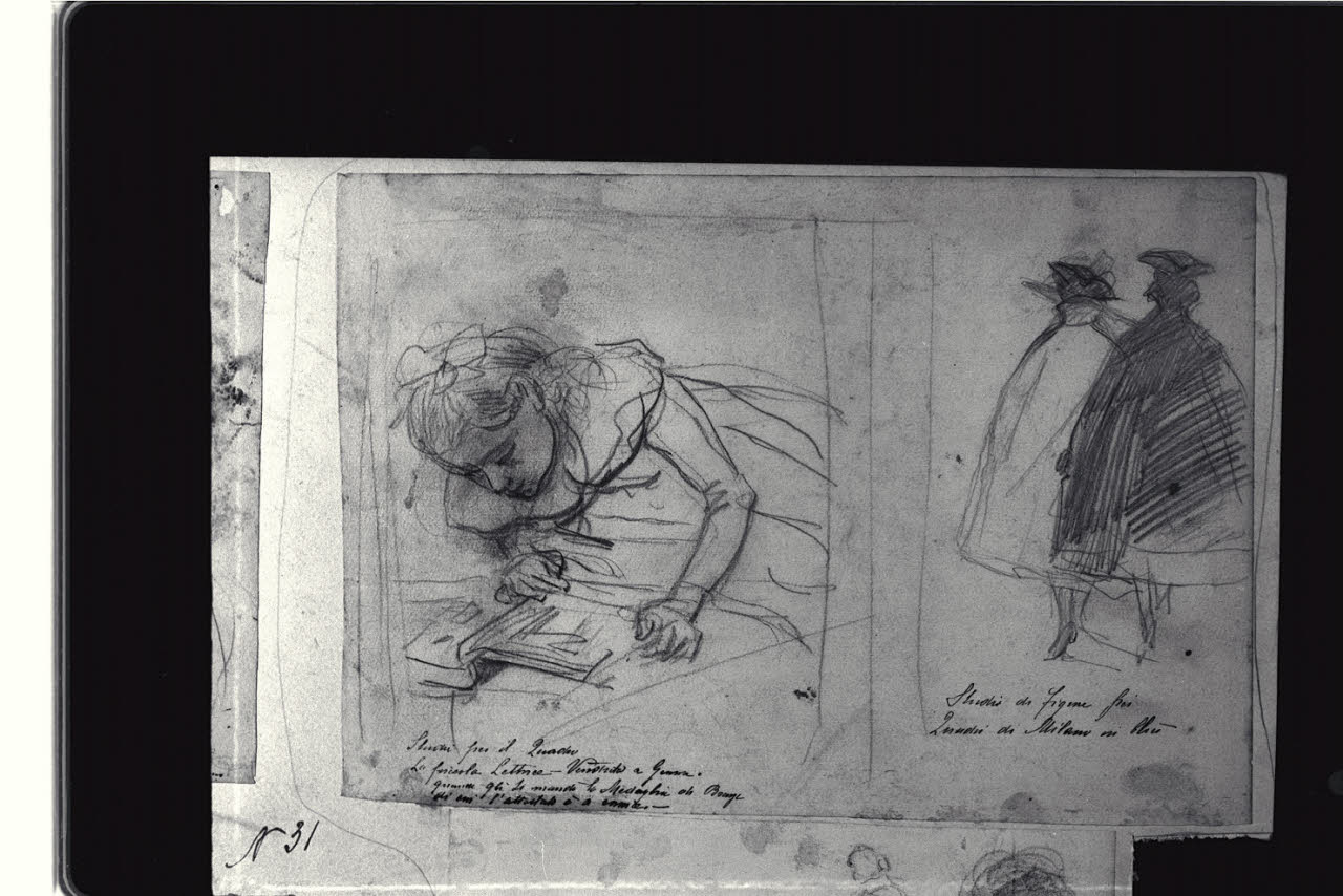 Figura femminile che legge, e schizzo di due figure nel buio, Figura femminile che legge, e schizzo di due figure nel buio (disegno) di Cagnoni, Amero (secc. XIX/ XX)
