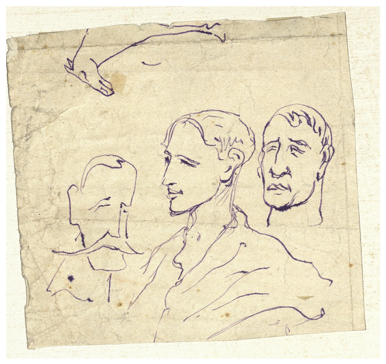 Tre studi di testa ; schizzo di cavallo, Tre studi di testa ; schizzo di cavallo (disegno) di Cagnoni, Amero (secc. XIX/ XX)