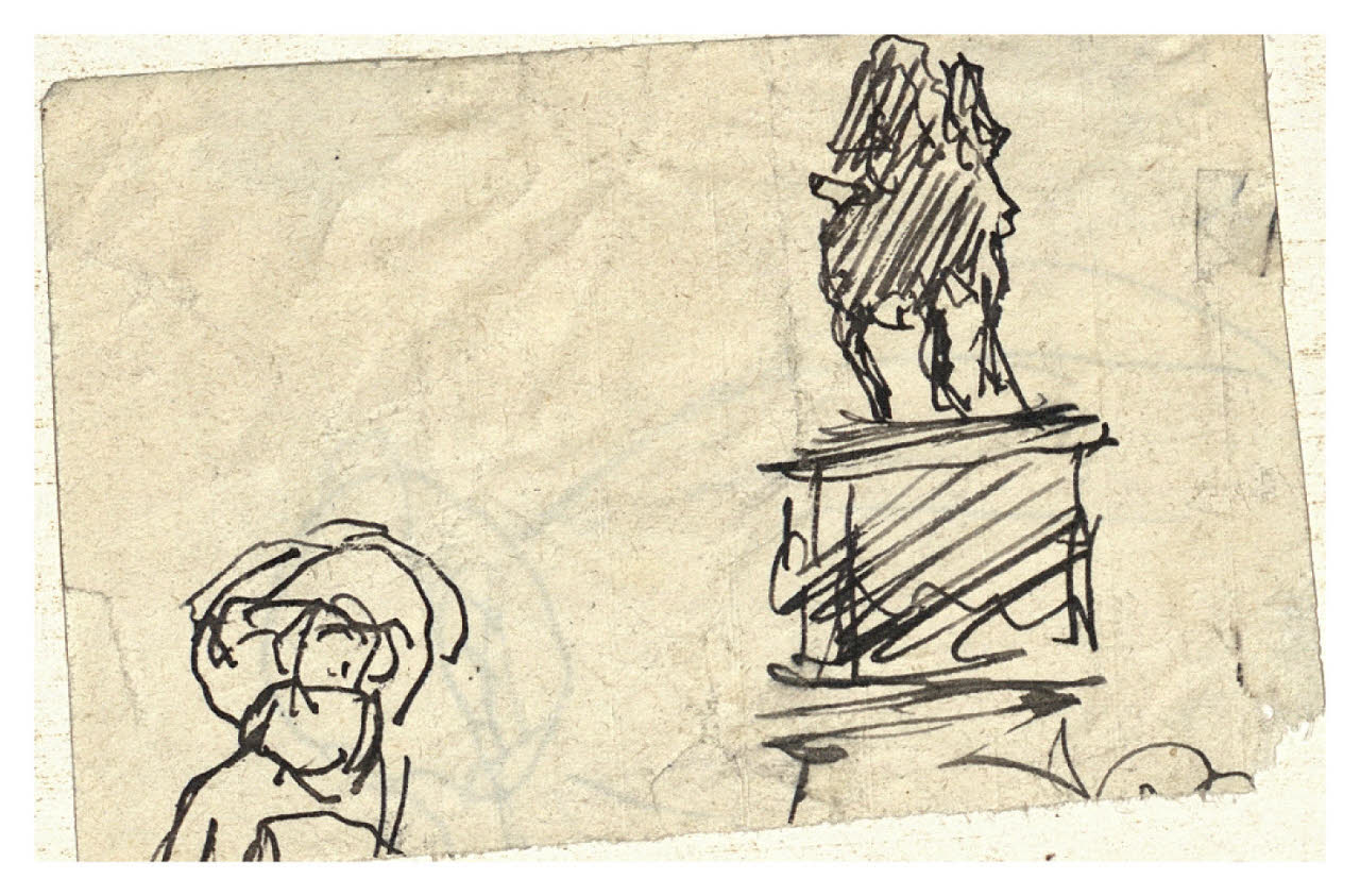 Schizzo di monumento equestre (Studio per "i vari quadri di Milano in guerra e la lettura del bollettino", vedi nota ms. della vedova), Schizzo di monumento equestre (Studio per "i vari quadri di Milano in guerra e la lettura del bollettino", vedi nota ms. della vedova) (disegno) di Cagnoni, Amero (secc. XIX/ XX)