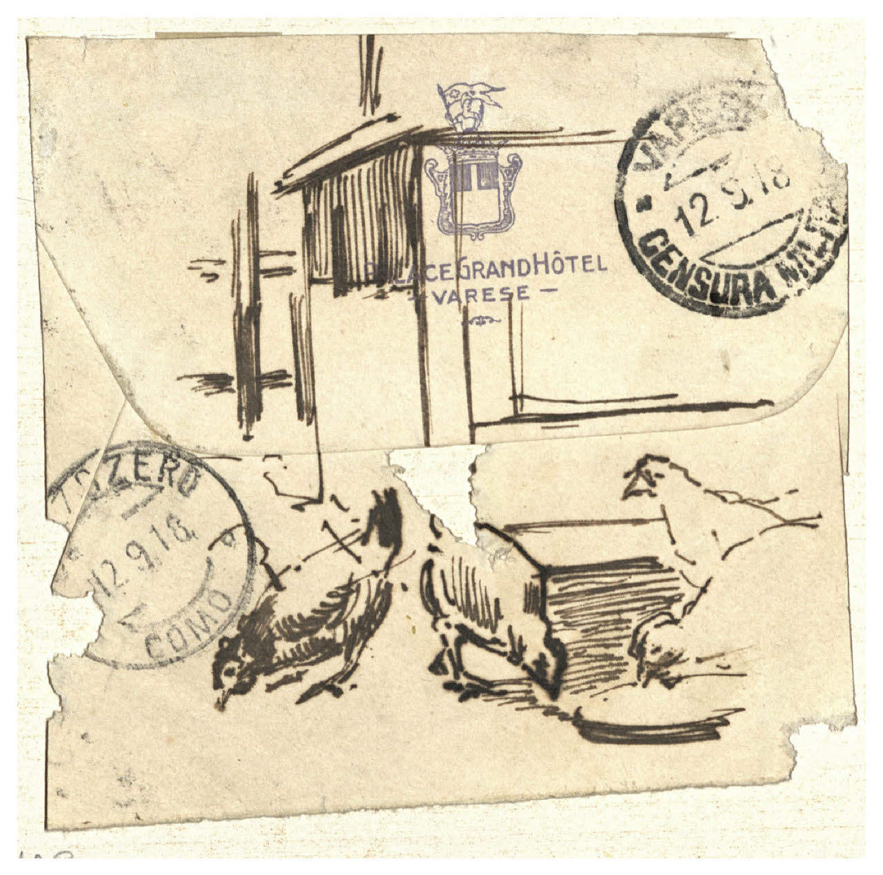 La stazioncina di Tram di Bizzonese(?) con gallinette, Stazione con galline (disegno) di Cagnoni, Amero (secc. XIX/ XX)