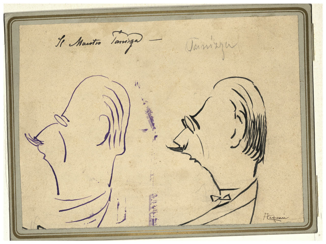 Due studi caricaturali del direttore d'orchestra Maestro alla Scala Tanizza (?) (vedi nota ms. della vedova), Due studi caricaturali del direttore d'orchestra Maestro alla Scala Tanizza (?) (vedi nota ms. della vedova) (disegno) di Cagnoni, Amero (secc. XIX/ XX)