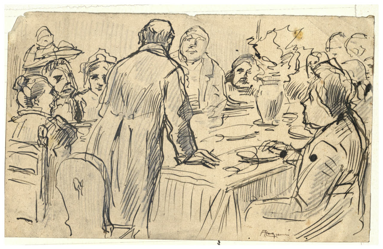 Disegno caricaturale : alla tavola delle nozze, il discorso augurale agli sposi (vedi nota ms. della vedova), Disegno caricaturale : alla tavola delle nozze, il discorso augurale agli sposi (vedi nota ms. della vedova) (disegno) di Cagnoni, Amero (secc. XIX/ XX)