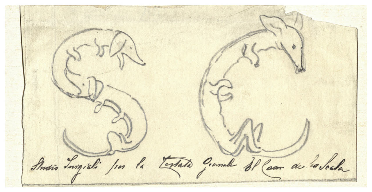 Studi d'iniziali per la testata del giornale "El Can de la Scala", Studi d'iniziali (disegno) di Cagnoni, Amero (secc. XIX/ XX)