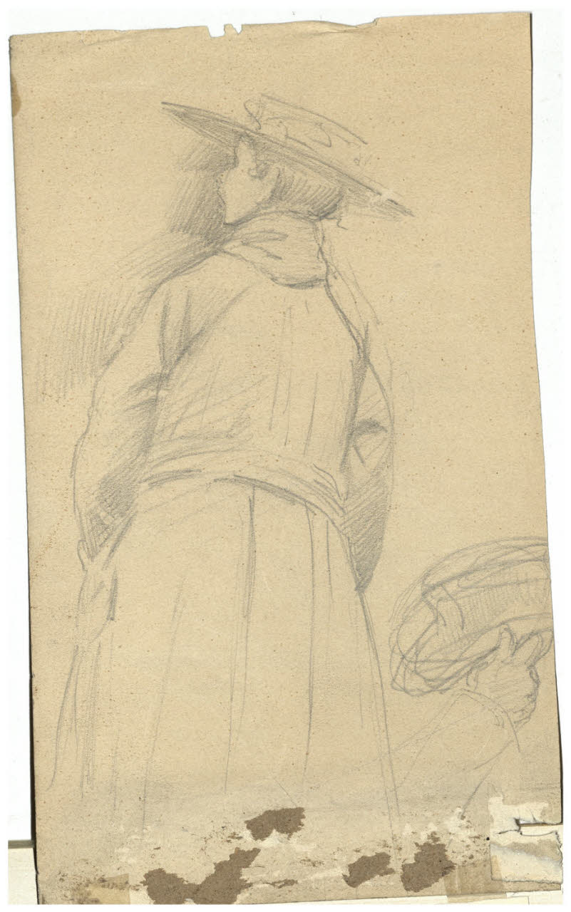 Figura femminile di schiena e mano con cappello, Figura femminile di schiena e mano con cappello (disegno) di Cagnoni, Amero (secc. XIX/ XX)