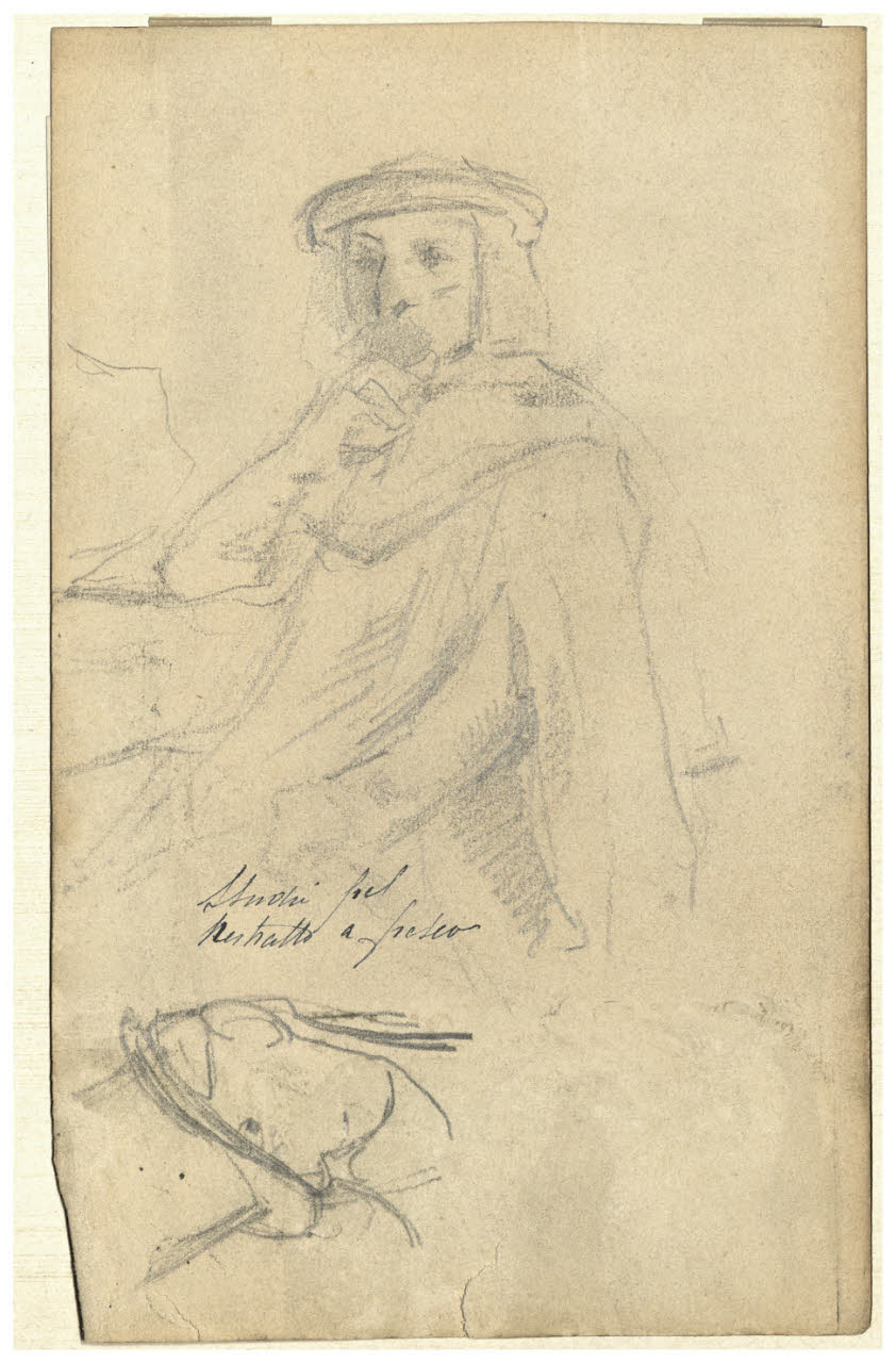 Studio per il ritratto di Mantegna e testa caricaturale, Studio per il ritratto di Mantegna e testa caricaturale (disegno) di Cagnoni, Amero (secc. XIX/ XX)
