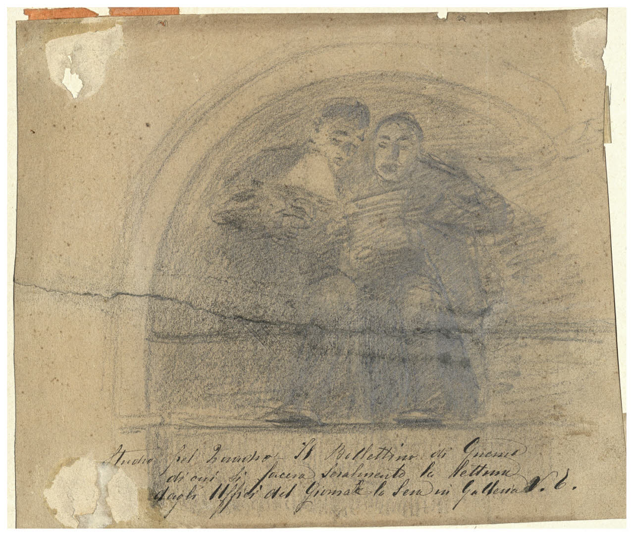 Due figure che leggono alla luce della lampada, Due figure che leggono alla luce della lampada (disegno) di Cagnoni, Amero (secc. XIX/ XX)