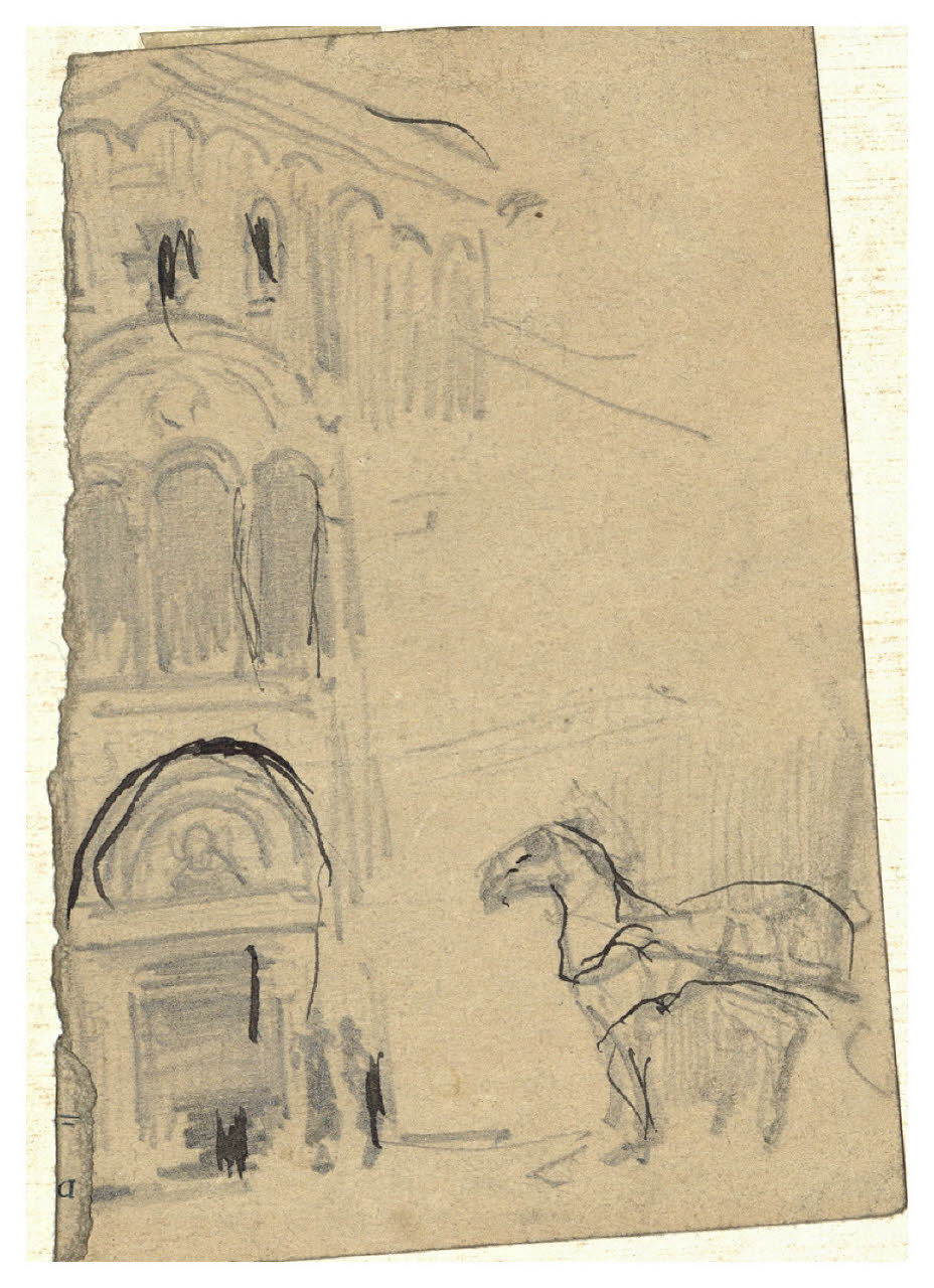 Facciata di chiesa e cavallo, Facciata di chiesa e cavallo (disegno) di Cagnoni, Amero (secc. XIX/ XX)