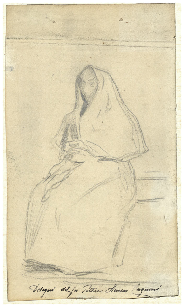 Figura femminile velata seduta, Figura femminile velata seduta (disegno) di Cagnoni, Amero (secc. XIX/ XX)