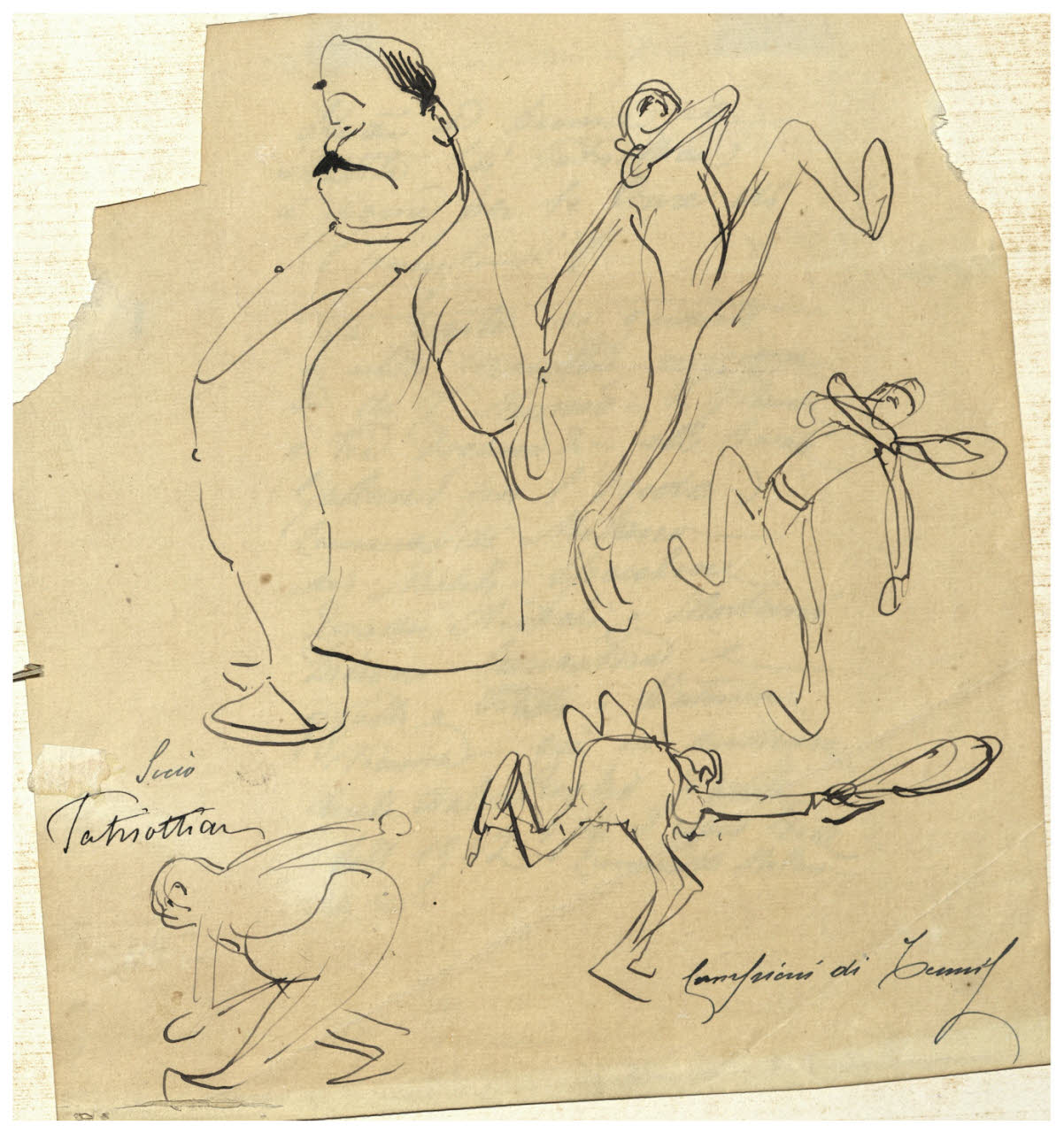 Caricature di soci patriottici e figure per le gare di tennis, Caricature di soci patriottici e figure per le gare di tennis (disegno) di Cagnoni, Amero (secc. XIX/ XX)