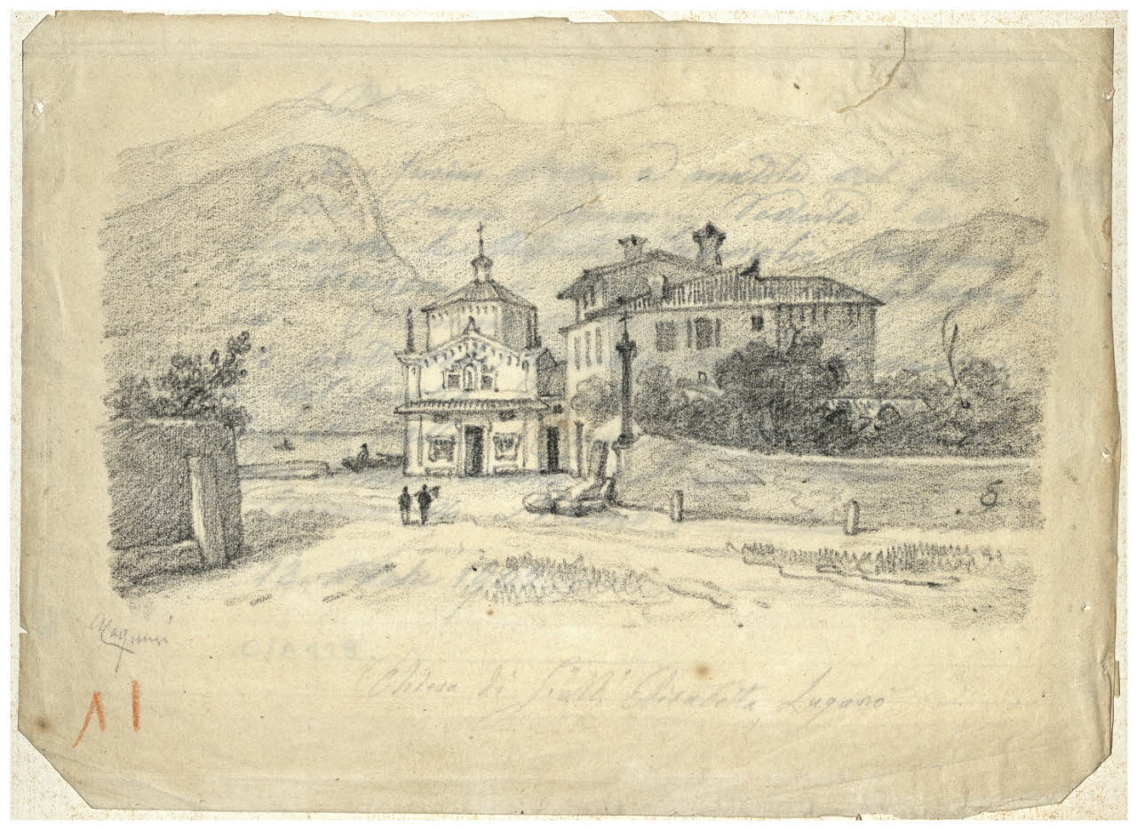 Veduta con oratorio di Santa Elisabetta a Lugano, Veduta con chiesa (disegno) di Cagnoni, Amero (secc. XIX/ XX)