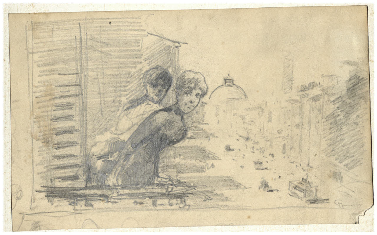 Due signore al balcone, Due signore al balcone (disegno) di Cagnoni, Amero (secc. XIX/ XX)