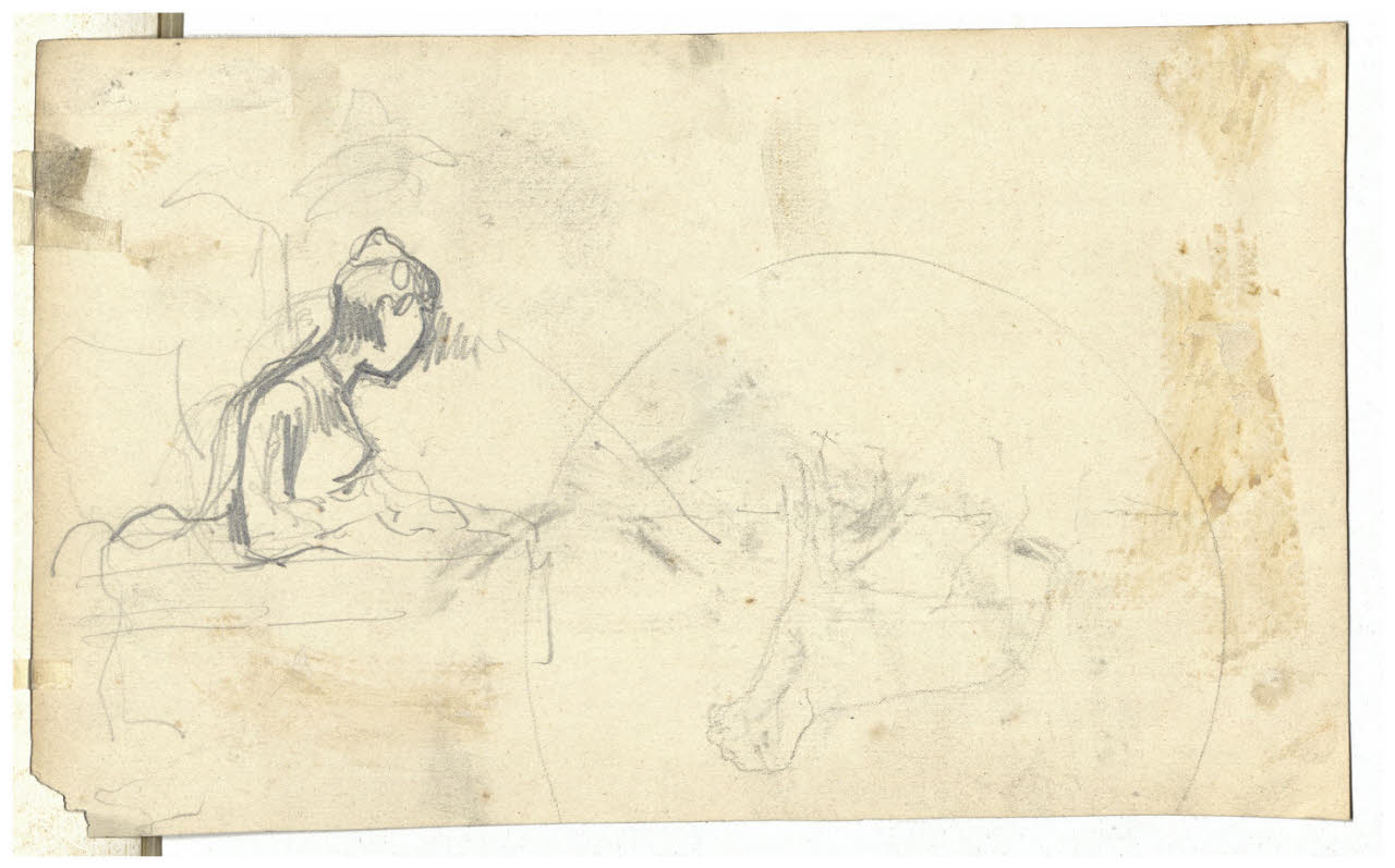 Studi di cane e di figura femminile al balcone, Studi di cane e di figura femminile al balcone (disegno) di Cagnoni, Amero (secc. XIX/ XX)