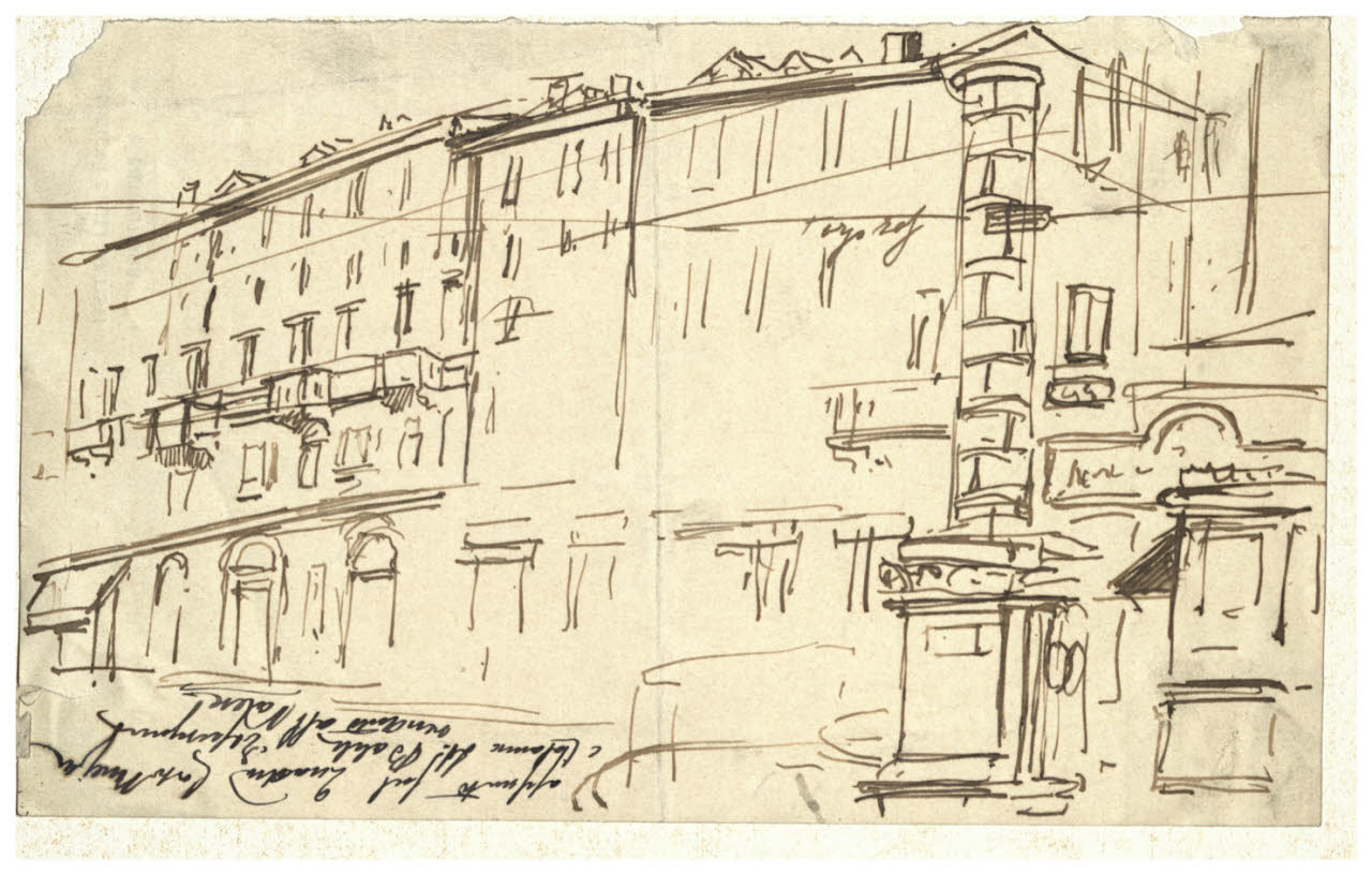 Veduta di via, Veduta di via (disegno) di Cagnoni, Amero (secc. XIX/ XX)