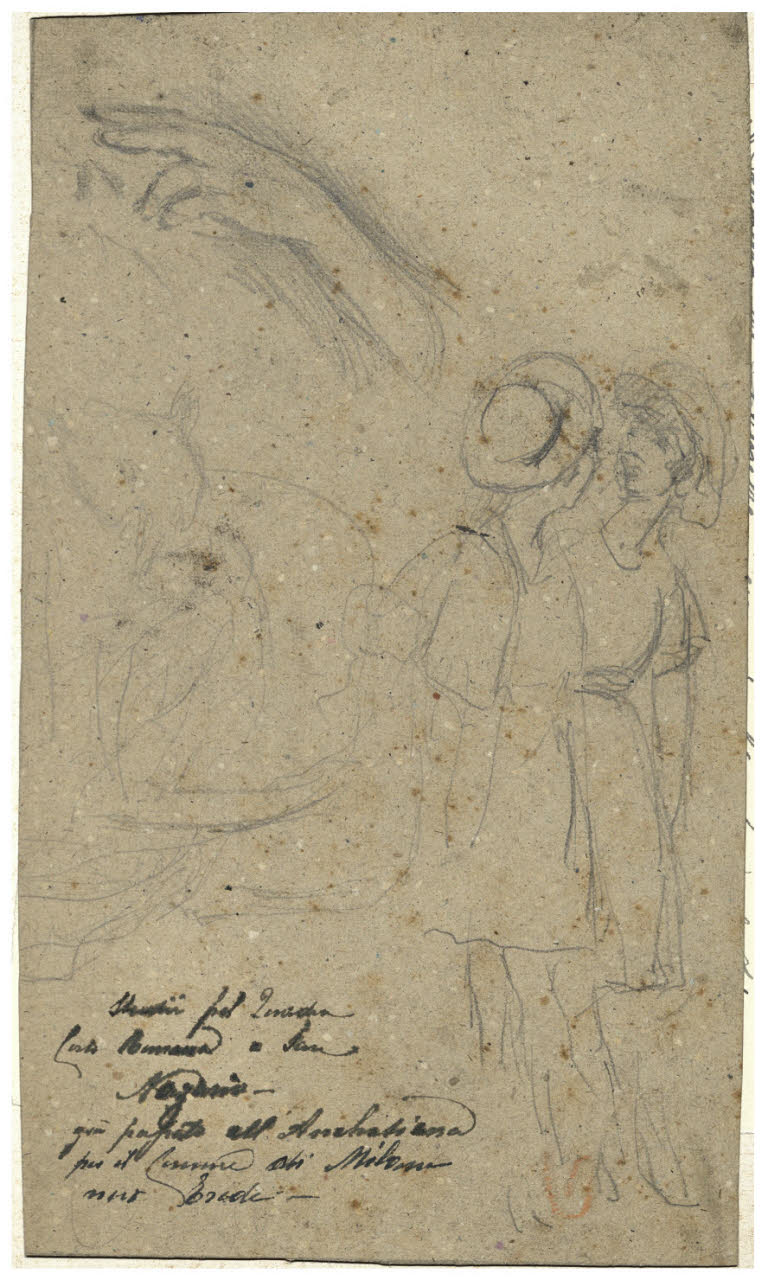 Due figurette femminili, studio di mano, studio di testa d'agnello, Due figurette femminili, studio di mano, studio di testa d'agnello (disegno) di Cagnoni, Amero (secc. XIX/ XX)